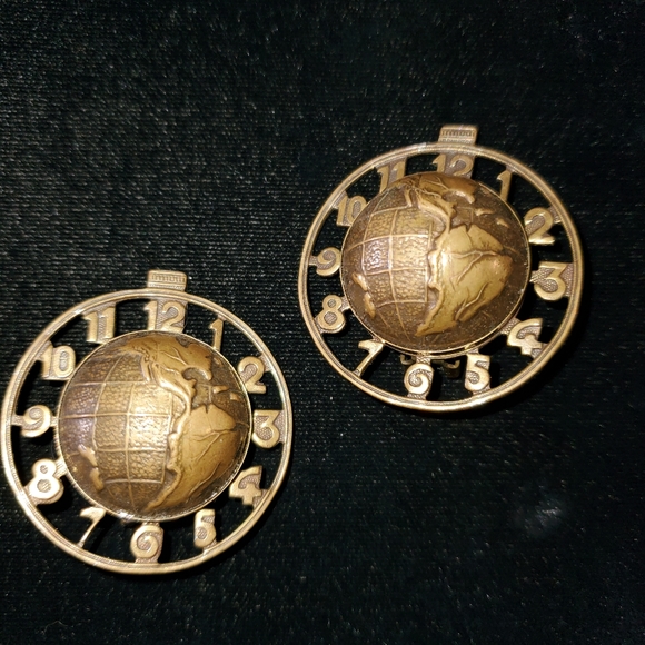 Vintage Brass Globe and Clock Face Clip-on Earrings Steampunk Industrial - Picture 3 of 8